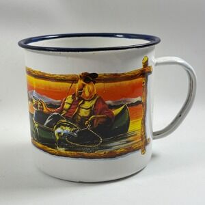 Vintage Joe Camel Joes Fish & Game Club Enamel Tin Mug White Blue Rim 1993 RJRTC